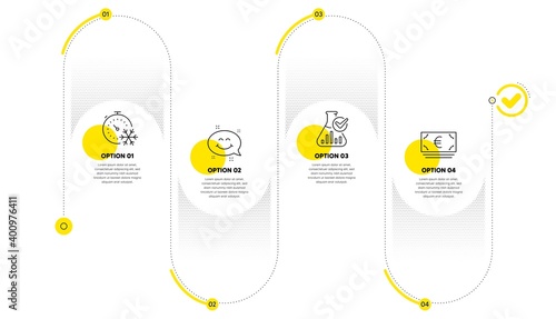 Freezing timer, Smile chat and Chemistry lab line icons set. Timeline process infograph. Euro currency sign. Air conditioning, Happy emoticon, Laboratory flask. Eur banking. Business set. Vector