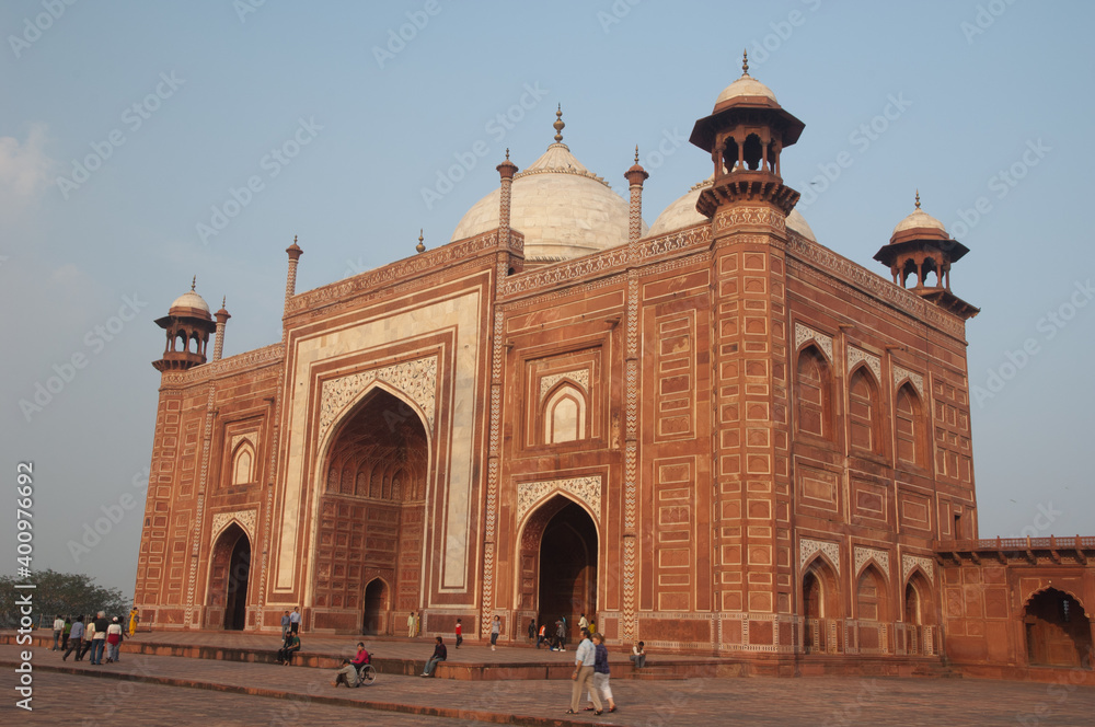 Red sandstone mosque in the Taj Mahal complex. Agra. Uttar Pradesh. India.