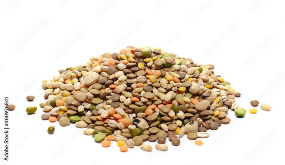 Mixed legumes and cereals, peeled barley, green, yellow and dark red lentils, half green peas, black white beans, green beans isolated on white background Mixed legumes and cereals, peeled barley, green, yellow and dark red lentils, half green peas, black white beans, green beans isolated on white background