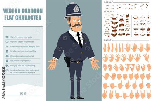 Cartoon flat funny british fat policeman character in blue helmet and uniform. Ready for animations. Face expressions, eyes, mouth and hands easy to edit. Isolated on blue background. Vector set.