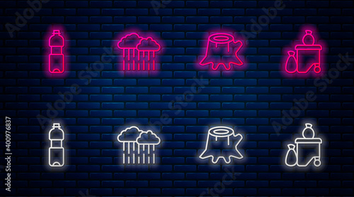 Set line Cloud with rain, Tree stump, Bottle of water and Full dustbin. Glowing neon icon on brick wall. Vector.