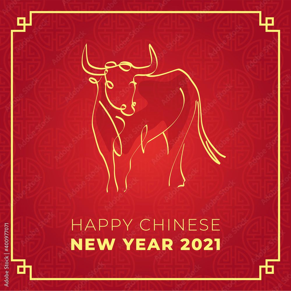 Chinese new year 2021 year of the cow, red and gold line art character, simple hand drawn illustration Chinese new year 2021 year of the cow, red and gold line art character, simple hand drawn illustration