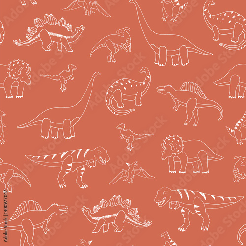 Dinosaurs hand drawn vector seamless line pattern