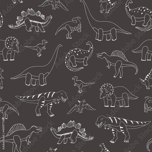Dinosaurs hand drawn vector seamless line pattern