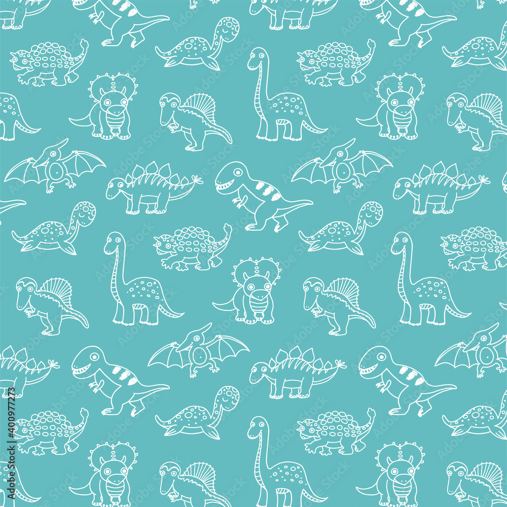 Naklejka premium Dinosaurs hand drawn vector seamless line pattern