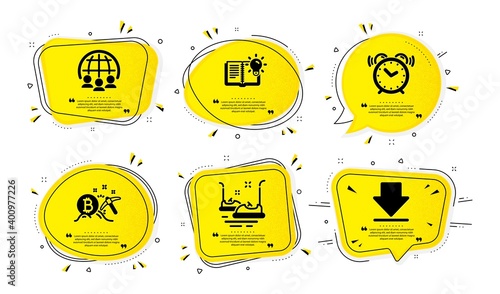 Bumper cars, Alarm clock and Product knowledge icons simple set. Yellow speech bubbles with dotwork effect. Bitcoin mining, Global business and Downloading signs. Vector