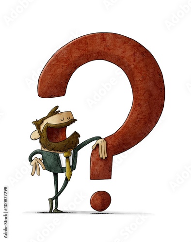 businessman leaning on a big red question mark. isolated