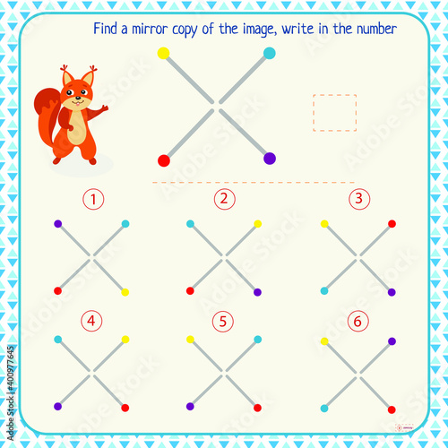 Logic puzzle game for children. Select and write down the number of the correct mirror image of the figure. Development of spatial thinking