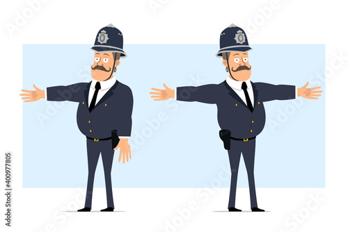Cartoon flat funny british fat policeman character in helmet and uniform. Boy showing warning, attention and stop gesture. Ready for animation. Isolated on blue background. Vector set.