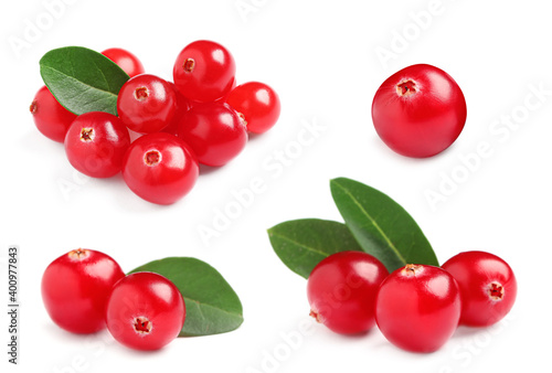 Set of fresh ripe cranberries on white background
