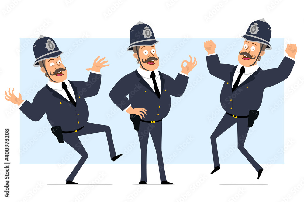 Cartoon flat funny british fat policeman character in helmet and uniform. Boy jumping, dancing and showing okay gesture. Ready for animation. Isolated on blue background. Vector set.