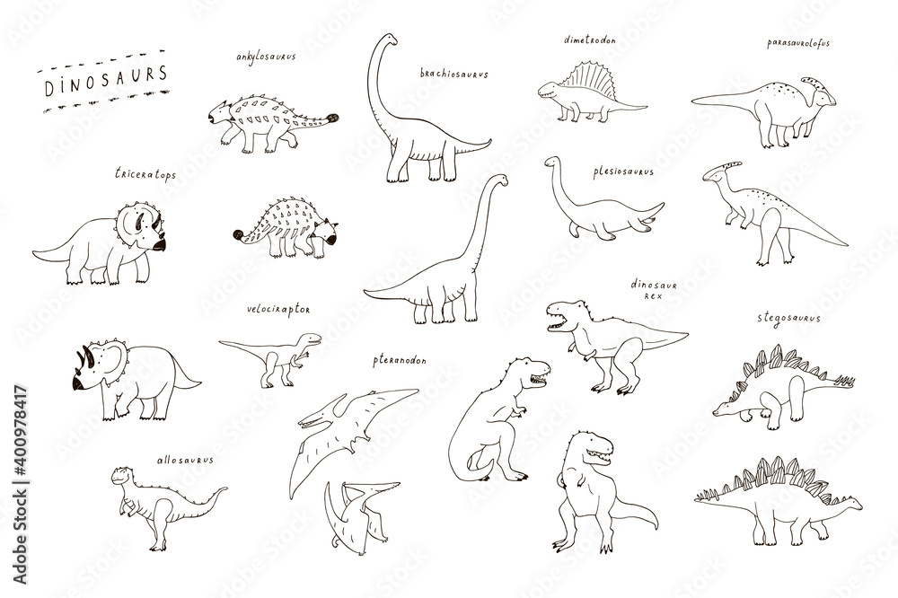 Dinosaurs hand drawn vector illustrations line set Dinosaurs hand drawn vector illustrations line set