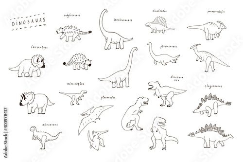 Dinosaurs hand drawn vector illustrations line set