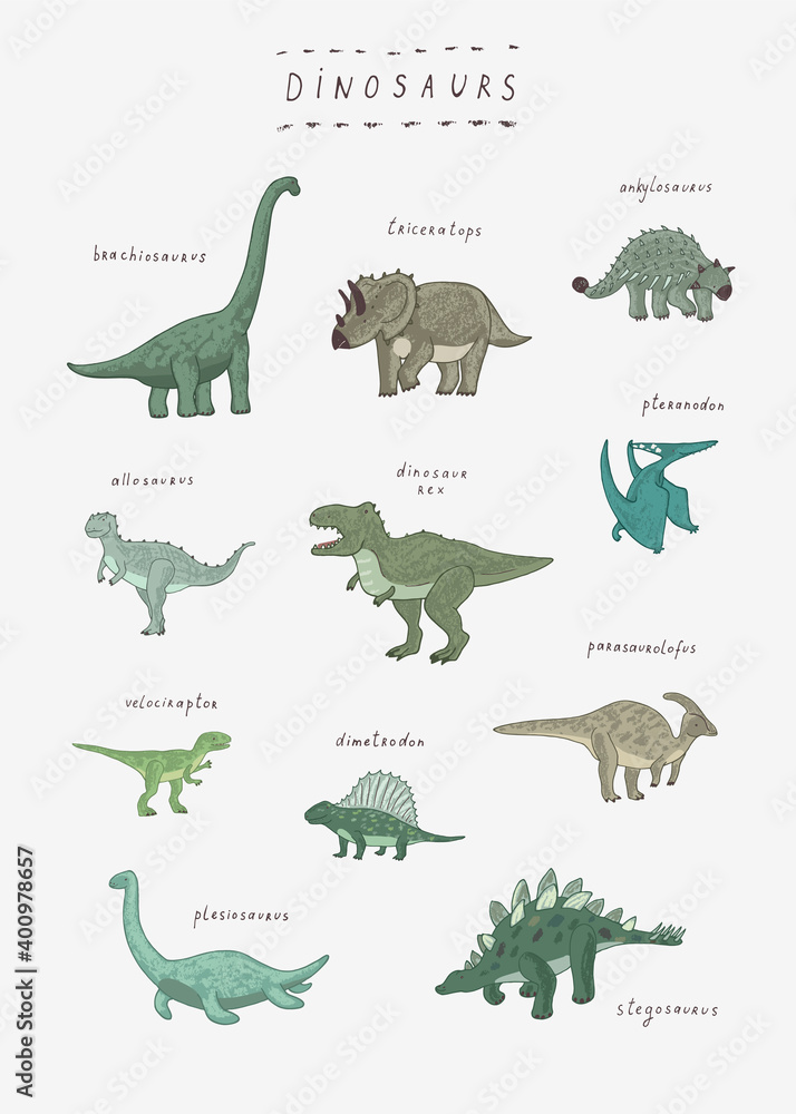 Fototapeta premium Dinosaurs hand drawn vector illustrations set print for kids room