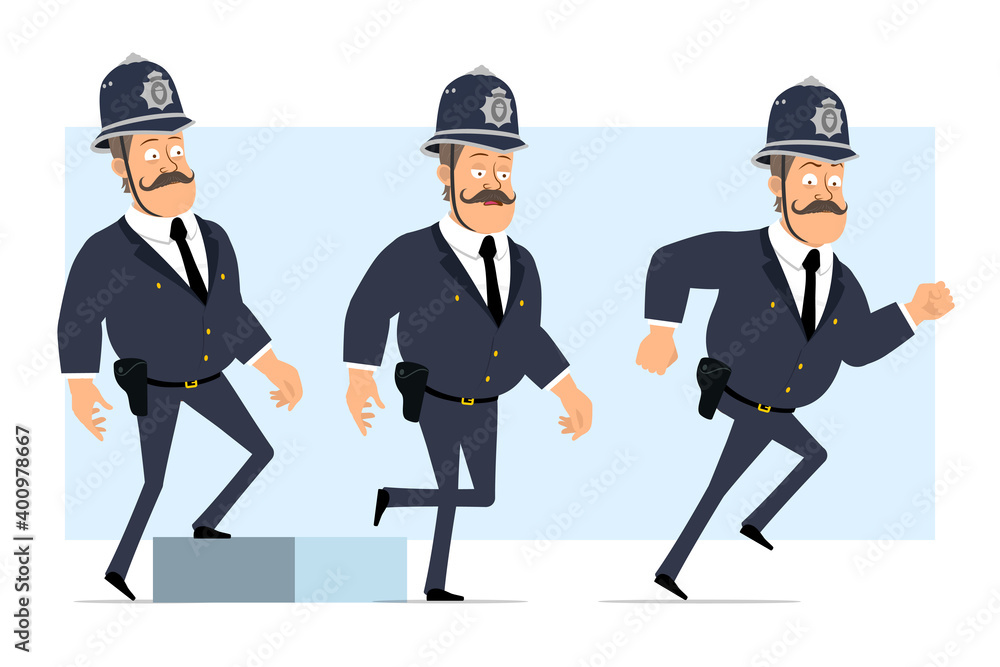 Cartoon flat funny british fat policeman character in helmet and uniform. Successful tired boy walking up to his goal. Ready for animation. Isolated on blue background. Vector set.