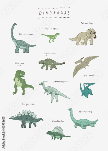 Dinosaurs hand drawn vector illustrations set print for kids room