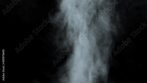 Two clouds of white fog smoke enter from different sides of the frame, collide in the center and dissipate completely on an alpha channel background.