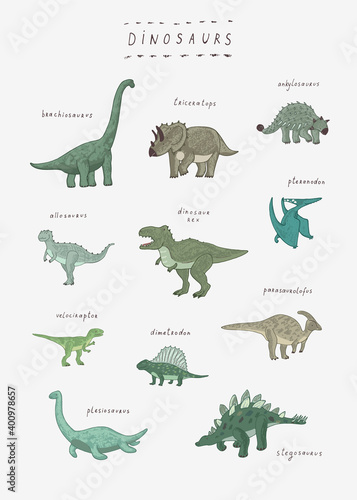 Dinosaurs hand drawn vector illustrations set print for kids room