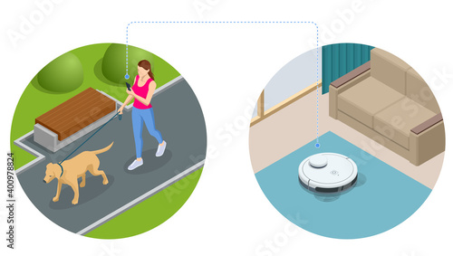 Isometric Robot Vacuum Cleaner performs automatic cleaning of the apartment at a certain time. Woman controlling vacuum with remote control. Smart home.