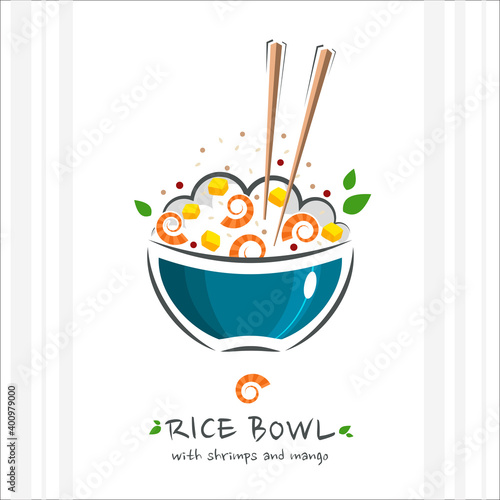 Rice bowl with shrimps and mango. Healthy food design template. Illustration with chopstick and poke bowl with rice