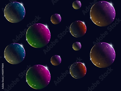 The texture made of many soap bubbles on dark background. Bubbles have colorful tones plus a magical glow.