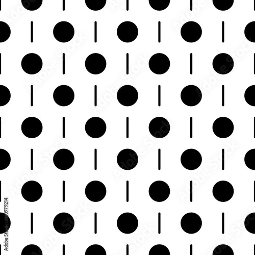 Circles, strokes seamless pattern. Dots, dashes print. Polka dot, lines ornament. Circular, linear figures wallpaper. Rounds, stripes background. Dotted, dashed backdrop. Abstract motif. Vector.