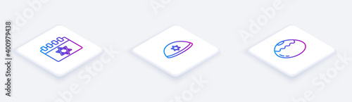 Set Isometric line Jewish calendar, kippah and sweet bakery. White square button. Vector.