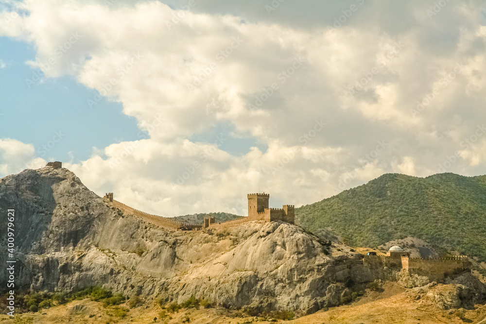 Ancient castle in the Crimea on the rocks by the sea. Medieval building. Fairy knight's castle
