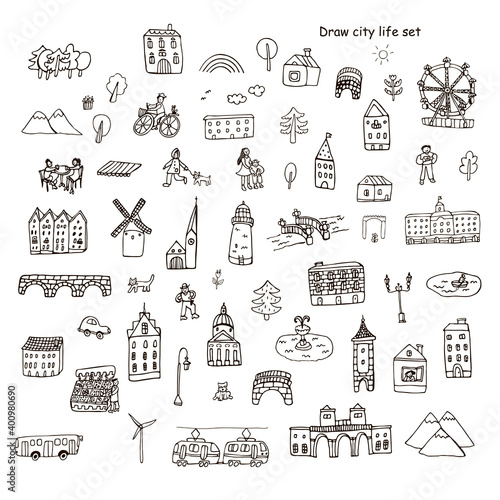 City architecture objects line hand drawn vector illustrations set