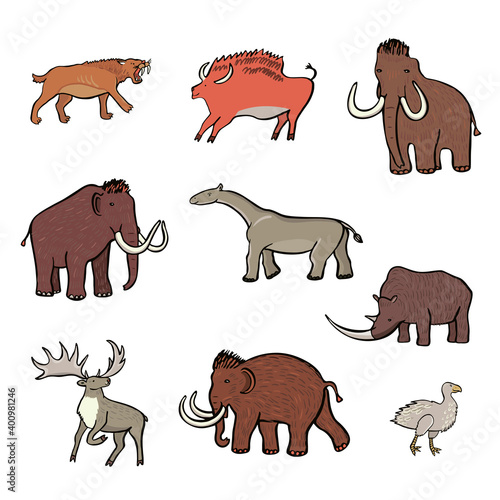 Fototapeta Naklejka Na Ścianę i Meble -  mammoth and ancient prehistoric jurassic wild animals hand drawn vector illustrations set