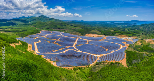 Aerial view of Solar panel, photovoltaic, alternative electricity source - co...