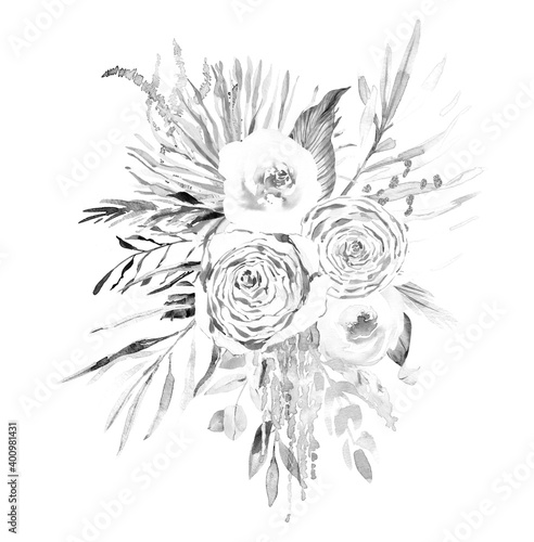 Watercolor black and white wedding bouquet. Floral arrangement, monochrome for elegant greeting cards, tropical leaves and roses watercolor © Olga