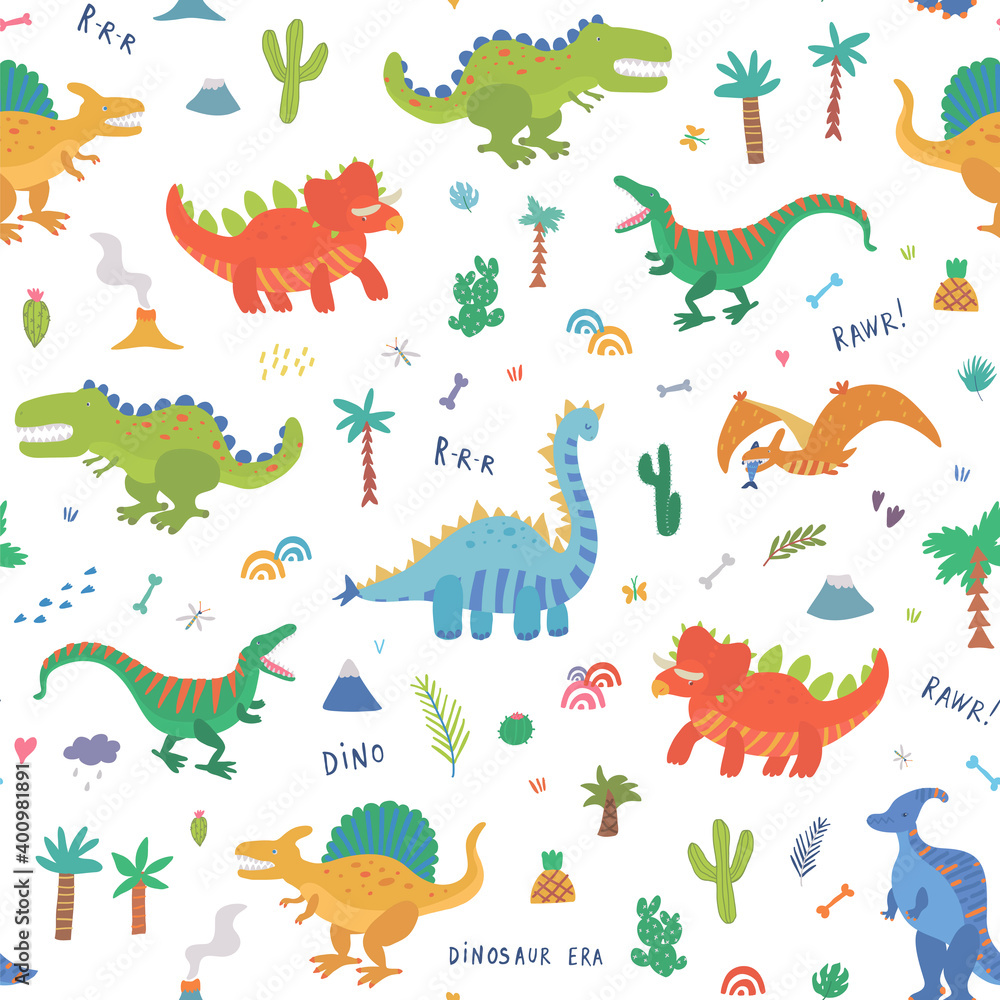 Obraz premium Dinosaurs hand drawn vector seamless pattern