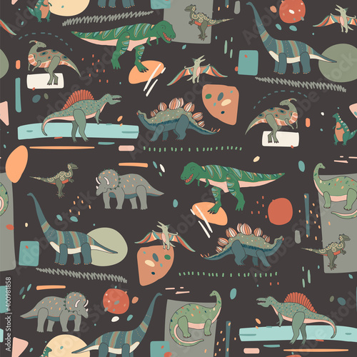 Dinosaurs hand drawn vector seamless pattern with abstract background