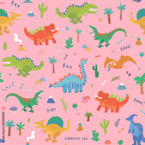 Dinosaurs hand drawn vector seamless pattern