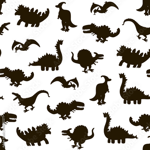 Dinosaurs hand drawn vector silhouette black and white color seamless pattern