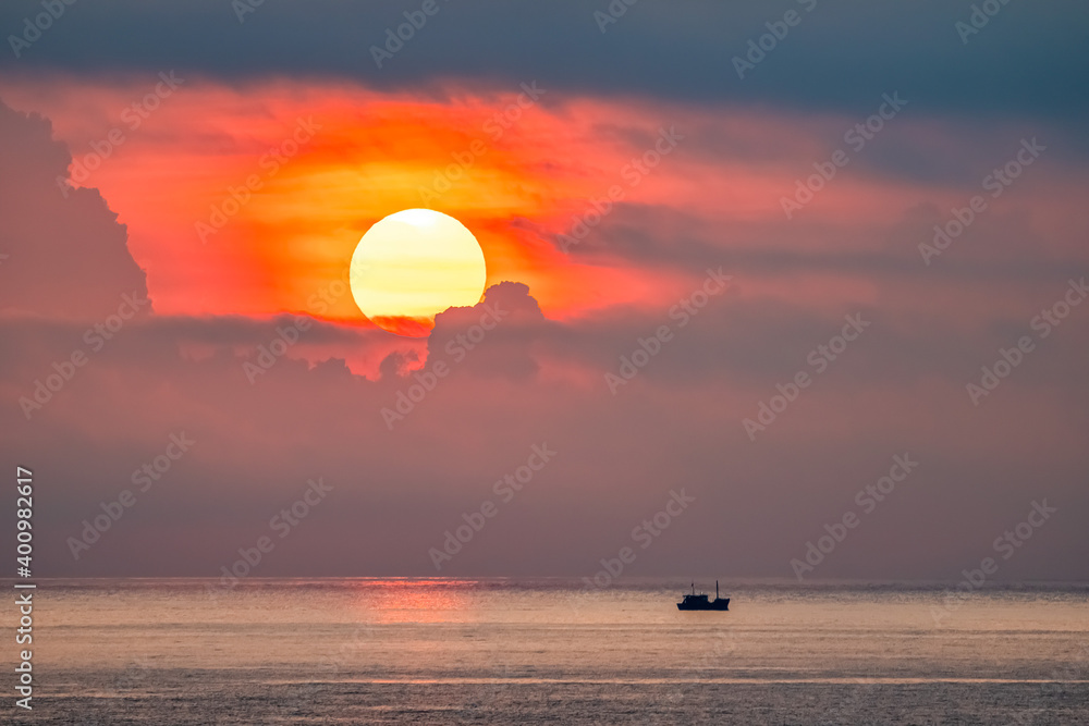 Fish boat on sea at dawn at area Dai Lanh lighthouse, Phu Yen, Vietnam Fish boat on sea at dawn at area Dai Lanh lighthouse, Phu Yen, Vietnam