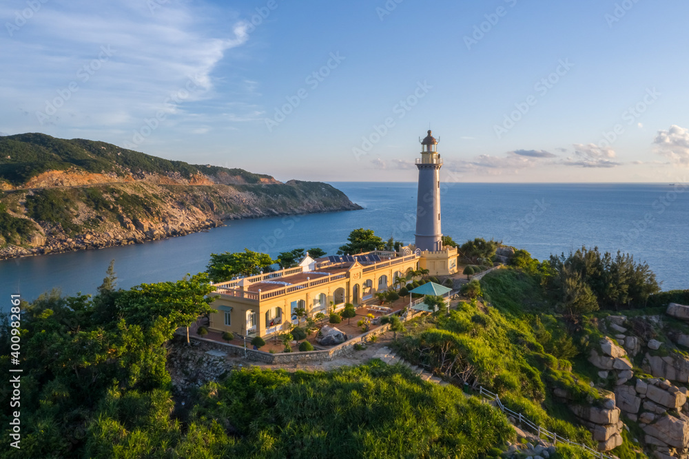 Aerial view of Dai Lanh Lighthouse, Phu Yen. This place is considered the first place to receive sunshine on the mainland of Vietnam