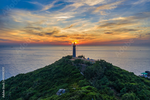 Aerial view of Dai Lanh Lighthouse, Phu Yen. This place is considered the fir...