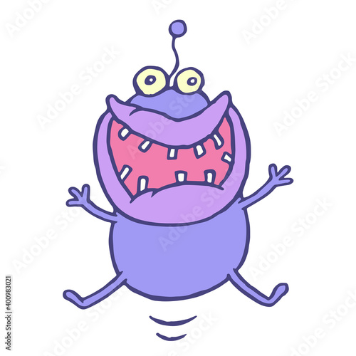 Cute lucky smiling alien jumps up. Vector illustration