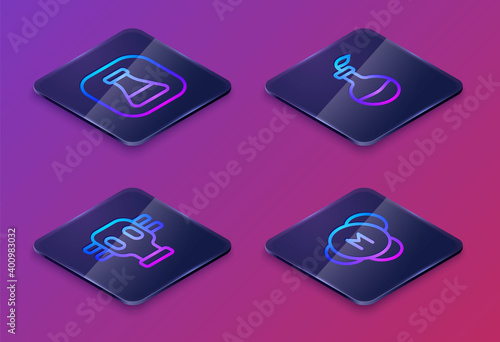 Set Isometric line Test tube and flask, Gas mask, Plant breeding and Molecule. Blue square button. Vector.