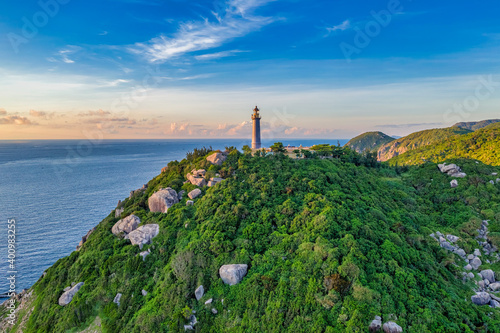 Aerial view of Dai Lanh Lighthouse, Phu Yen. This place is considered the fir...