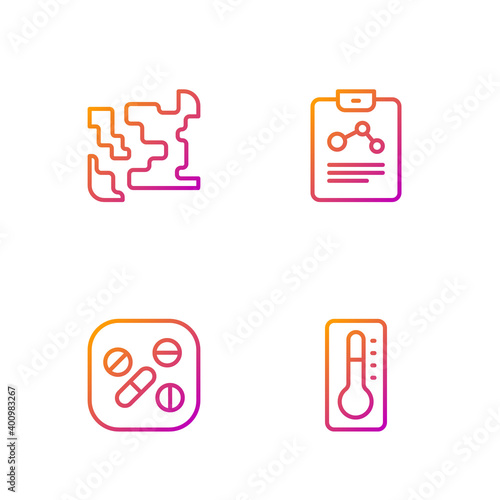 Set line Medical thermometer, Medicine pill or tablet, Gaseous and Chemistry report. Gradient color icons. Vector.