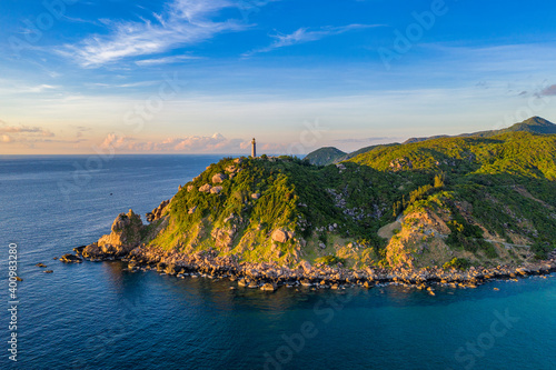 Aerial view of Dai Lanh Lighthouse, Phu Yen. This place is considered the fir...