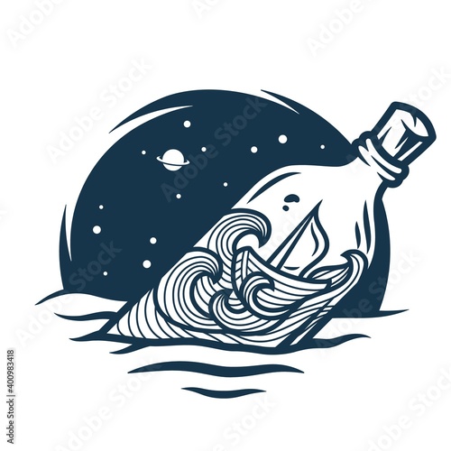 Nautical marine boat, bottle on space waves