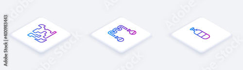 Set Isometric line Gaseous, Test tube and flask and Propane gas tank. White square button. Vector.