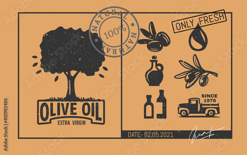 Vintage olive tree emblem with icons