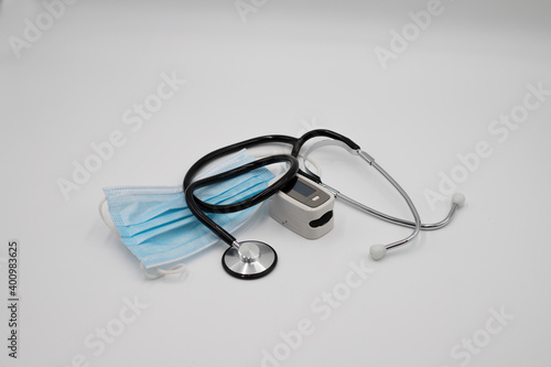 Surgical mask, stethoscope and oximeter medical eqipment