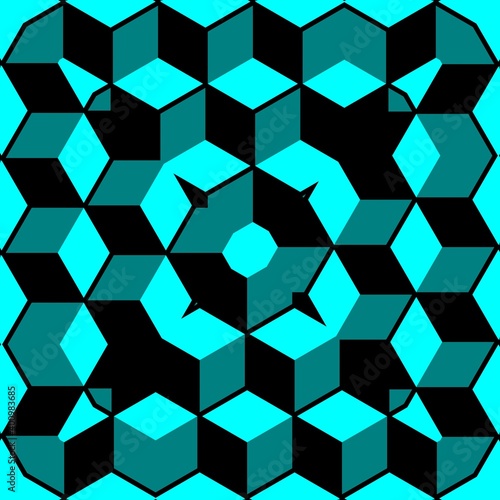 3D Escher style repeating cube pattern in shades of turquoise