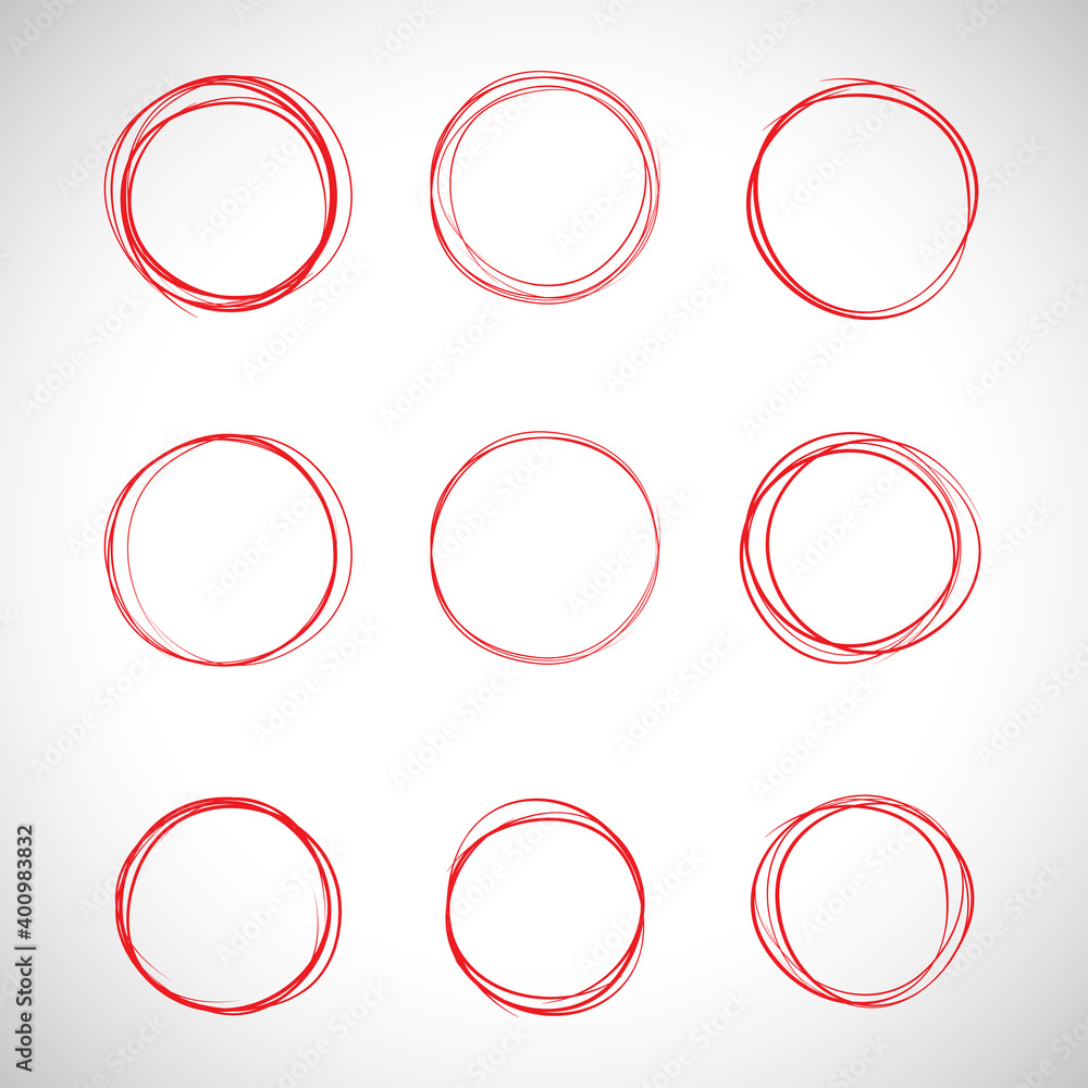 Red circle, pen draw set. Highlight hand drawn circle isolated on background. Handwritten red circle. For marker pen, pencil, logo and text check. Circle vector illustration Red circle, pen draw set. Highlight hand drawn circle isolated on background. Handwritten red circle. For marker pen, pencil, logo and text check. Circle vector illustration